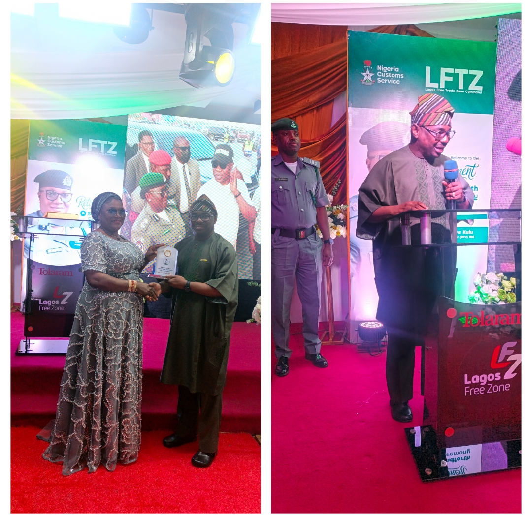 Comptroller Hauwa Kulu Anifowose Abubakar receiving award from the new acting Area Controller of Lagos Free Trade Zone Command at the retirement ceremony on Wednesday, 30 September 2026.